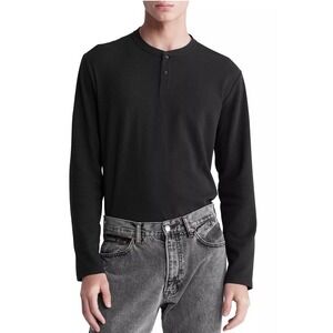 Calvin Klein Men's Relaxed Fit Waffle Knit Rugby Jersey Henley Black Beauty - S